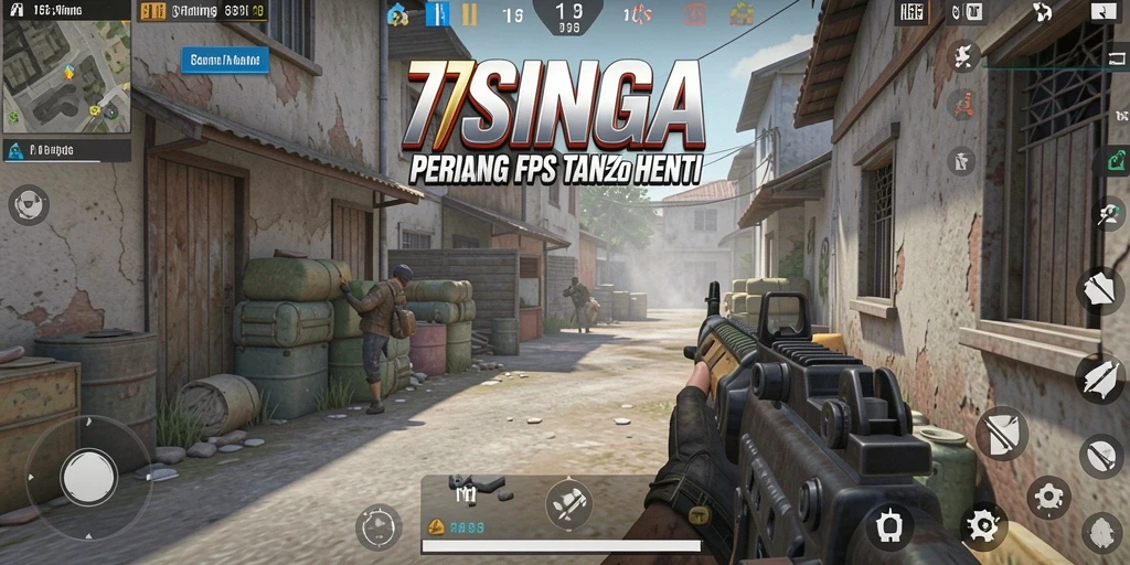Screenshot utama 77SINGA menampilkan aksi tembak-menembak yang intens di medan perang.