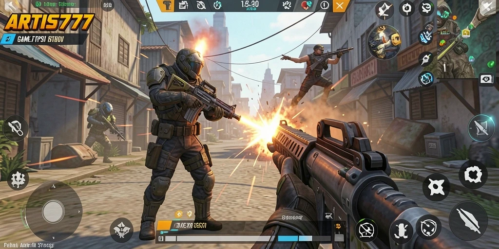Tampilan gameplay intens di ARTIS777 dalam mode TPS.