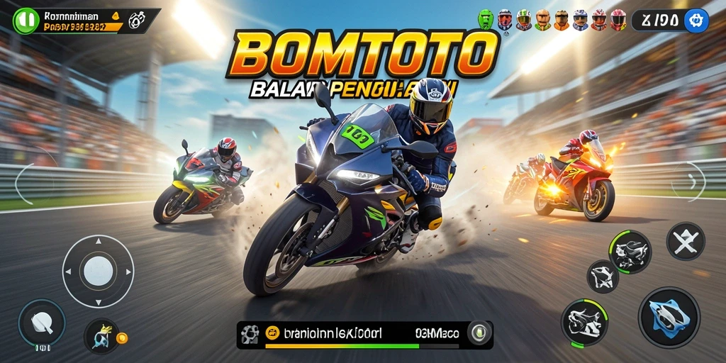 Screenshot dari gameplay BOMTOTO yang menampilkan balapan motor yang penuh aksi.
