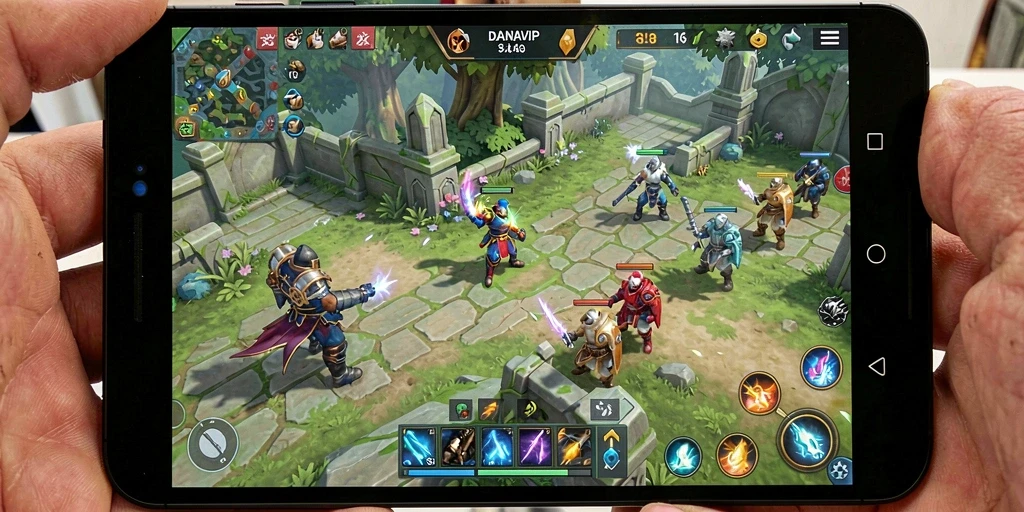 Screenshot gameplay <strong>DANAVIP</strong> yang menunjukkan pertempuran dan pembangunan strategi.