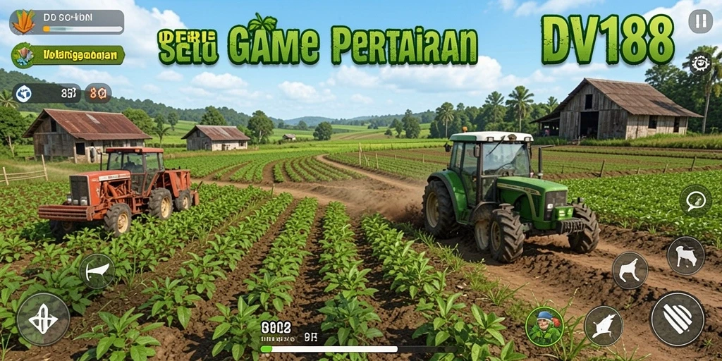 Tampilan permainan <strong>DV188</strong> yang menampilkan pertanian yang subur dan interaksi sosial.