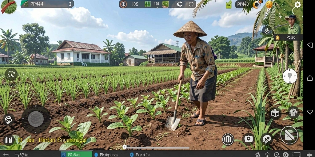 Tangkapan layar gameplay PP444 menunjukkan aktivitas bertani yang menarik.