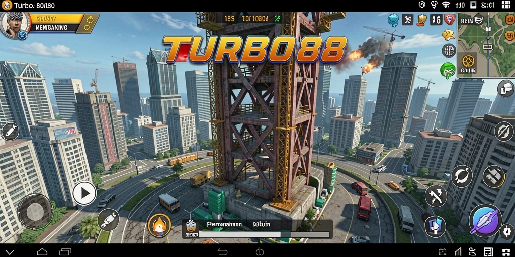 Tampilan gameplay TURBO88 yang menampilkan pertahanan menara yang intens.